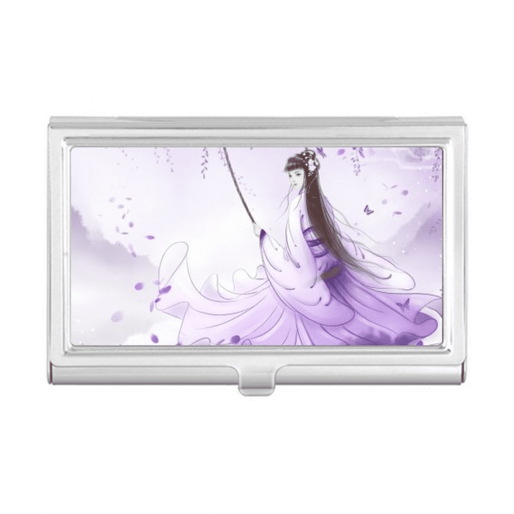 Under Wisteria Chinese Style Watercolor Business Card Holder Case Pocket Box Wallet