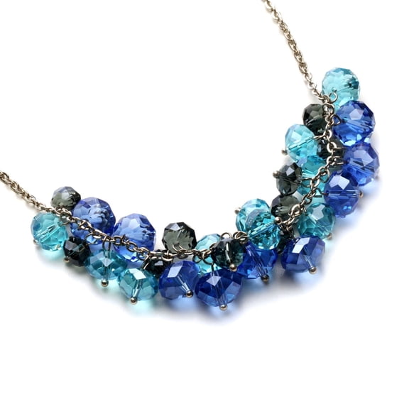 Elegant Blue Crystal Cluster Necklace with Adjustable Chain - Faceted Austrian Glass Beads Jewelry Necklace Silver