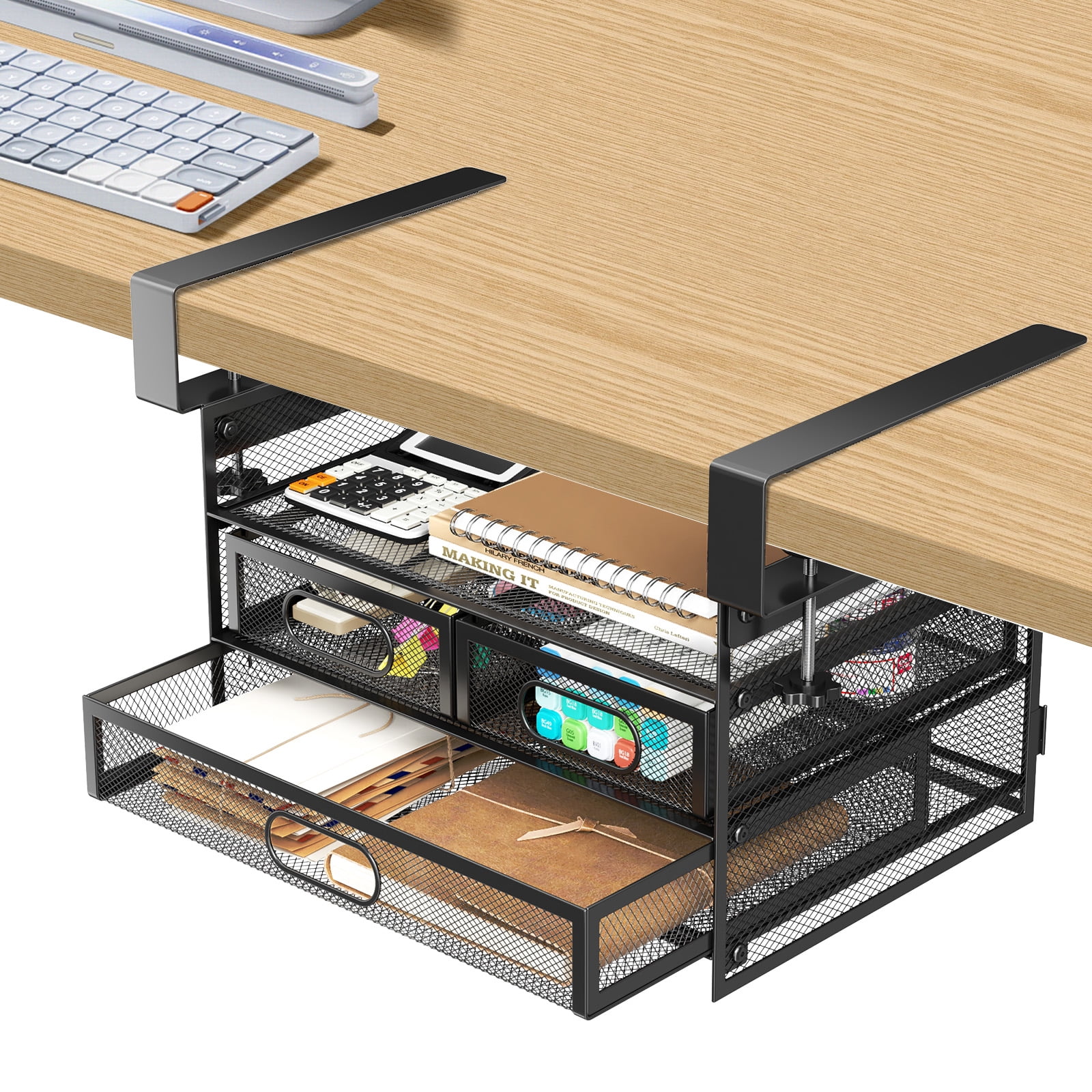 Under Desk Drawer Storage Organizer 3-Tier No Drill Office, Black Clamp ...