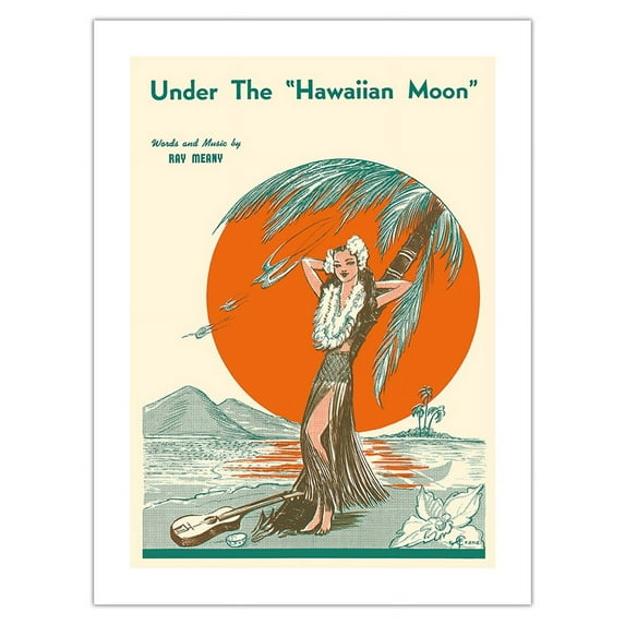 Under the Hawaiian Moon - Vintage Hawaiian Sheet Music by Crane c.1938 - Fine Art Matte Paper Print (Unframed) 18x24in