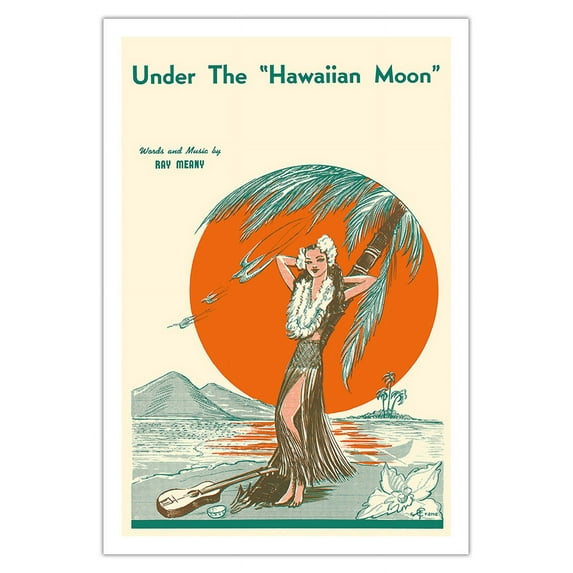 Under the Hawaiian Moon - Vintage Hawaiian Sheet Music by Crane c.1938 - Fine Art Matte Paper Print (Unframed) 30x44in