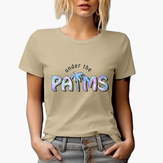 Under the Palms with a Palm Tree, Summer Tie Dye Art Merch Gift, Tan T-Shirt, Large