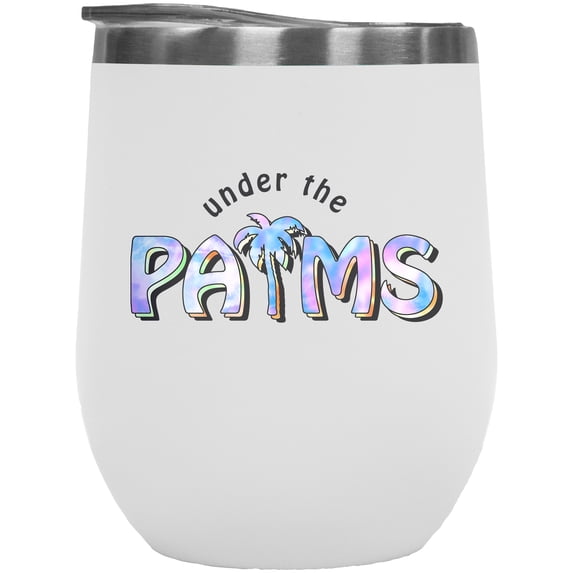 Under the Palms with a Palm Tree, Summer Tie Dye Art Merch Gift, White 12oz Wine Tumbler