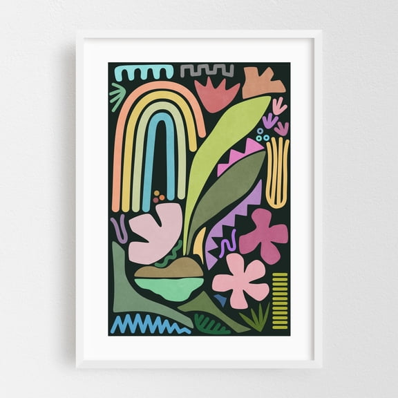 Under the Rainbow - Illustration Abstract Modern Art Geometric Floral Pattern Botanical White Framed Wall Art Print 16 x 24 inches