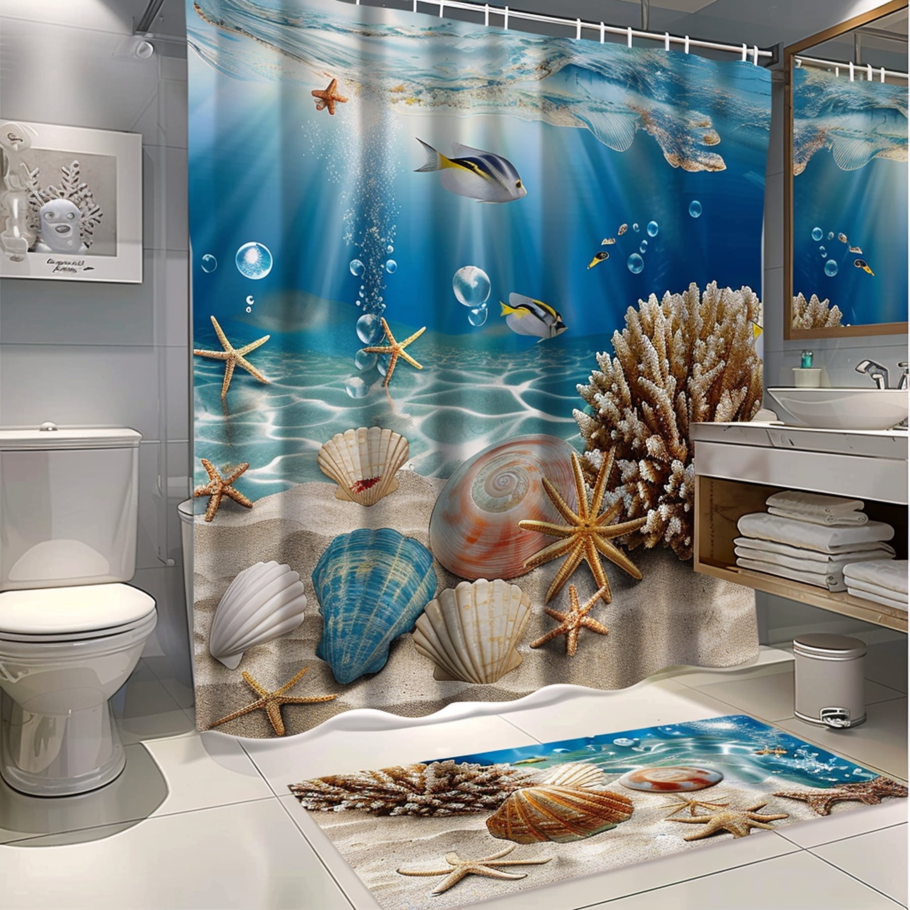 Under the Sea Bathroom Decor Set with Seashells Starfish Ocean Blue