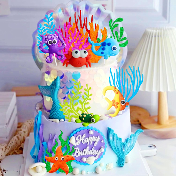 Under the Sea Cake Toppers Set - Colorful 3D Ocean Creatures & Plants for Themed Party Decor