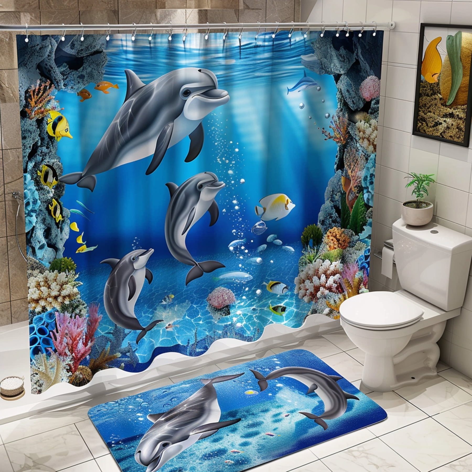 Under the Sea Dolphin Bathroom Set Shower CurtainToilet Cover Ocean ...