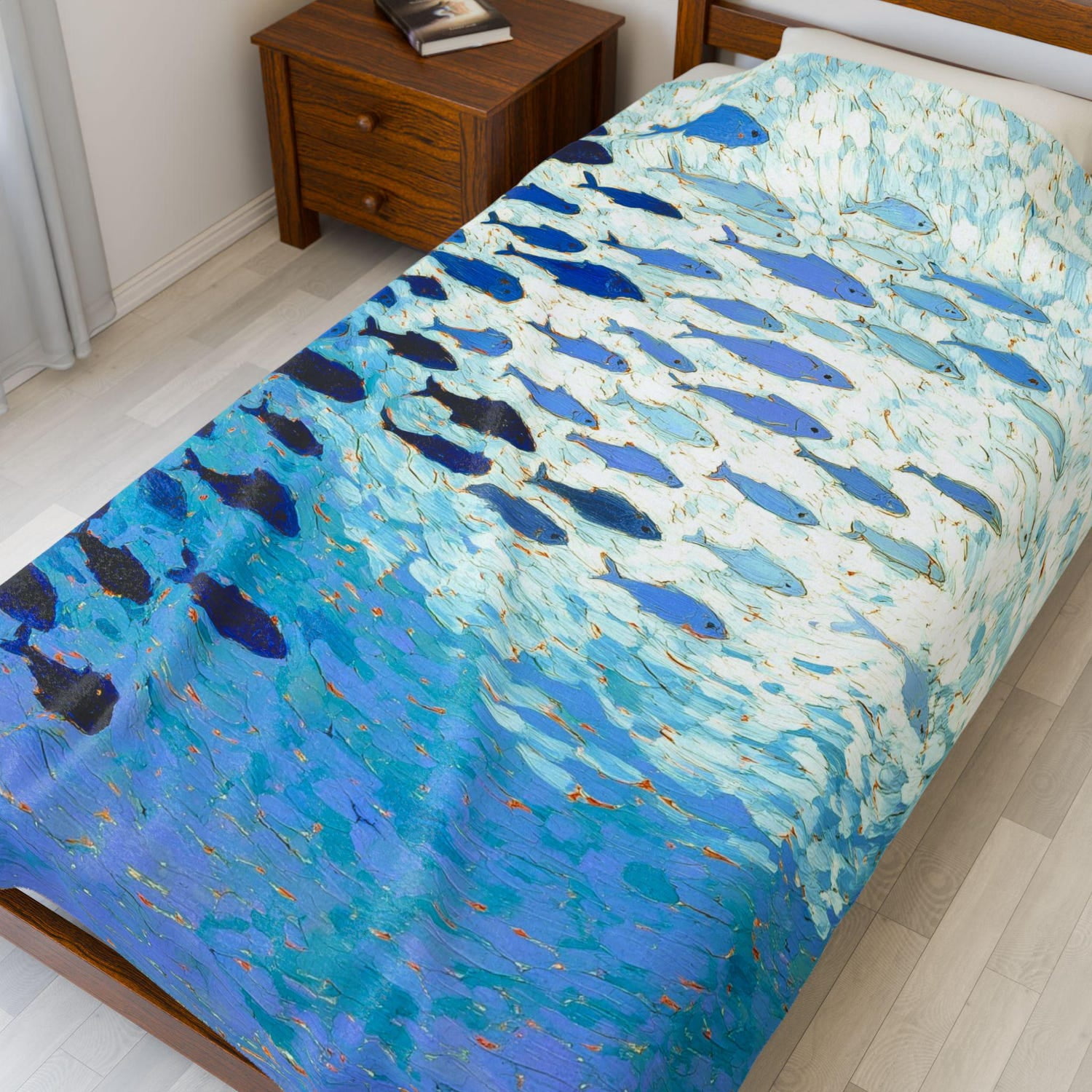 Under the Sea Fish Flannel Blanket – Swirling Blue Fish School Design ...