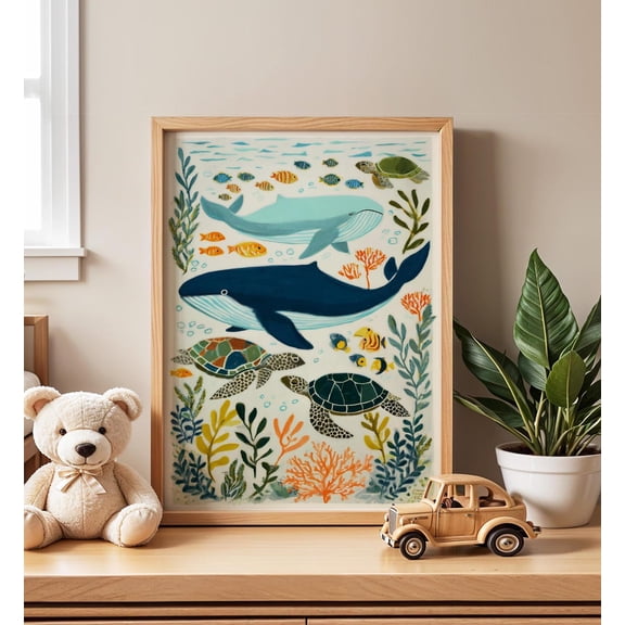 Under the Sea Nursery Wall Art Ocean Animal Whale Turtle Room Decor, Unframed Canvas
