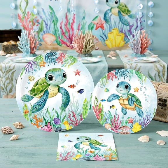 Under the Sea Turtle Party Supplies - Vibrant Ocean Design Disposable Tableware Set