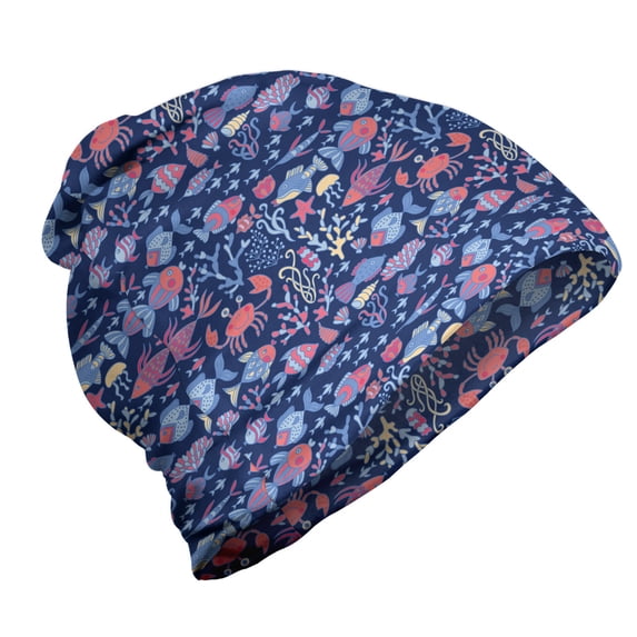 Under the Sea Unisex Beanie, Jellyfish and Seaweed, Hiking Outdoors, Night Blue Multicolor, by Ambesonne