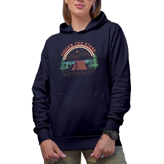 Under the Stars, Away from the City, Camping Art, Navy Blue Hooded Sweatshirt or Hoodie, Medium