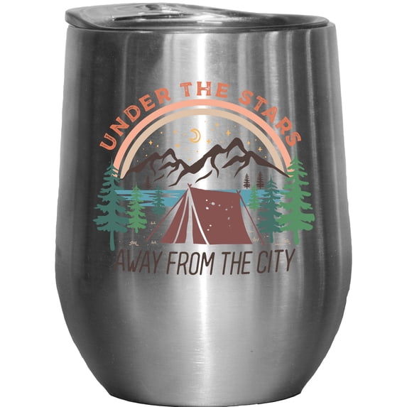 Under the Stars, Away from the City with Camping Tent Art Merch Gift, Stainless Steel 12oz Wine Tumbler