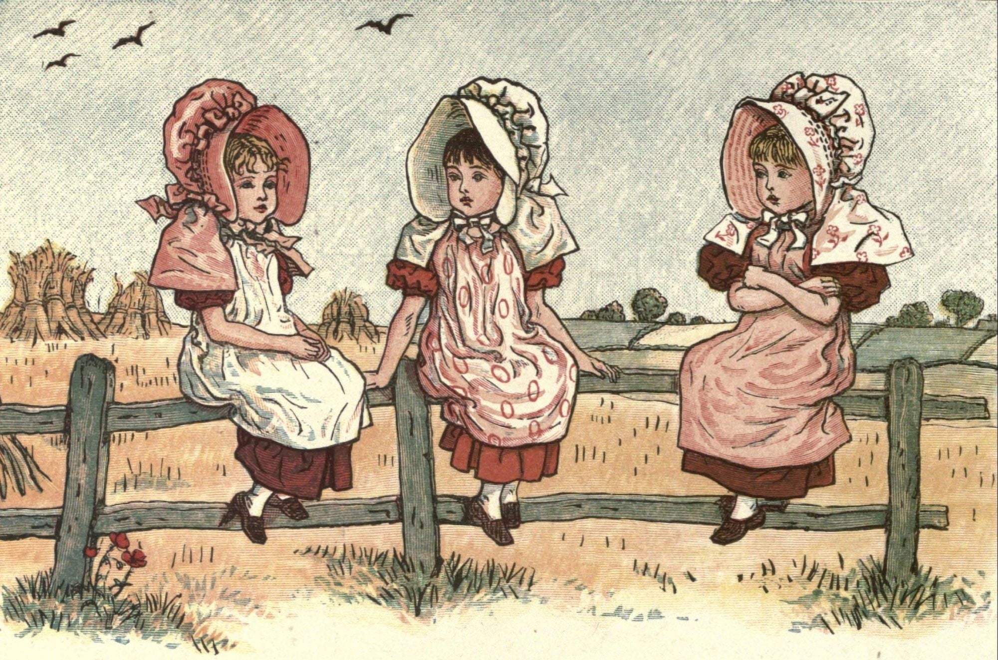 Under the Window 1879 Three girls on fence Canvas Art - Kate Greenaway (18 x 24)