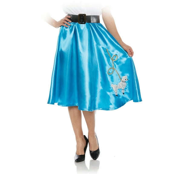 Satin Poodle Skirt - Turquoise A 1950's Inspired Style Satin Elastic Waist Skirt with Embroidered Poodle Patch