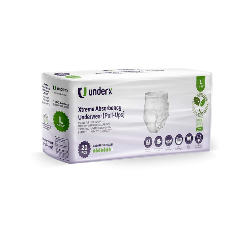 UnderX Adult Incontinence Underwear - Overnight Comfort Xtreme Absorbency  Pull Ups for Unisex, Leak Protection & Disposable Absorbent Latex Free, Adult  Diapers (Large-20 Count) 