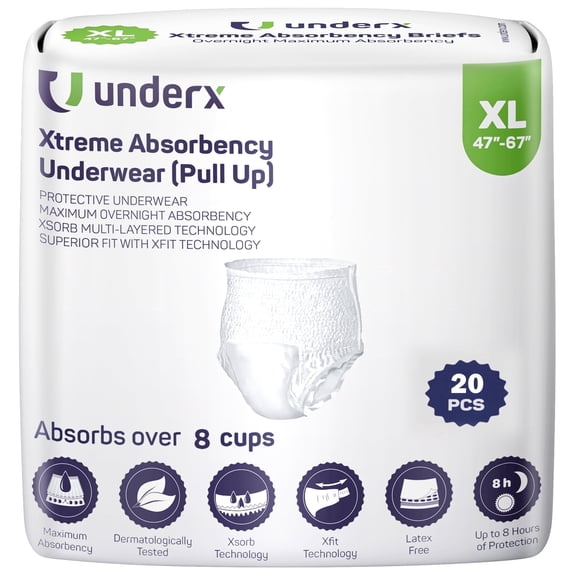 UnderX Disposable Absorbent Adult Underwear - Xtreme Absorbency Incontinence Unisex Overnight Pullups - Leak Protection, Latex Free & Disposable Overnight Diaper (XL-20 Count)