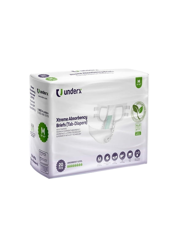 UnderX Tabbed Disposable Briefs for Adult - Overnight Comfort, Xtreme Absorbency Unisex Incontinence Underwear - Leak Protection & Latex Free Adult Diapers (Medium-20 Count)