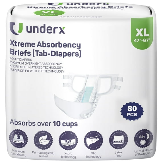UnderX Xtreme Absorbency Adult Briefs with Tabs - Maximum Absorbency - Heavy-Duty Overnight Briefs for Men and Women– Leak-Proof Protection Absorbent Brief - Comfortable, Latex-Free(XL-80 Count)