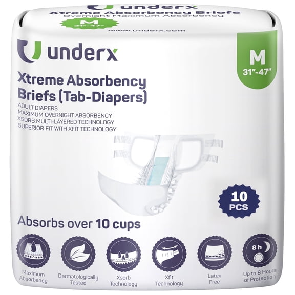 UnderX Xtreme Absorbency Adult Briefs with Tabs - Maximum Absorbency - Heavy-Duty Overnight Briefs for Men and Women– Leak-Proof Protection Absorbent Brief - Comfortable, Latex-Free (M-10 Count)