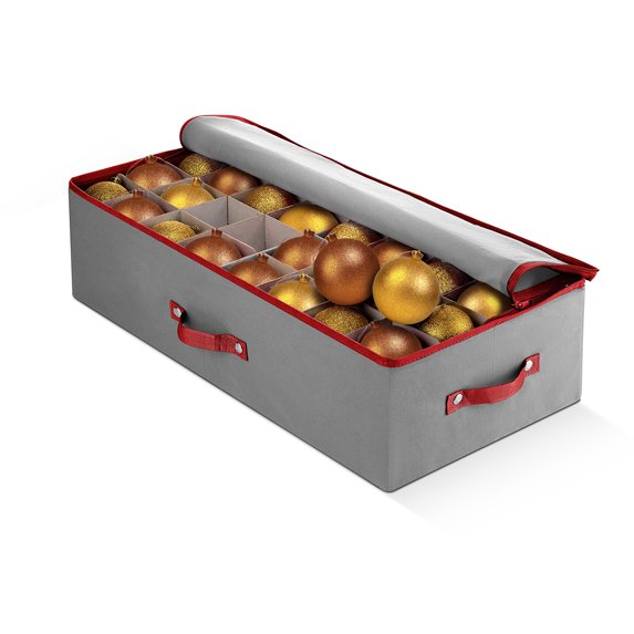 Underbed Christmas Ornament Storage Box Zippered Closure - Stores up to 64 of The 3-inch Standard Christmas Ornaments, and Xmas Holiday Accessories with Dividers & Two Handles (Gray)