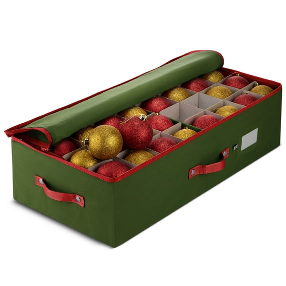Underbed Christmas Ornament Storage Box Zippered Closure - Stores up to 64 of The 3-inch Standard Christmas Ornaments, and Xmas Holiday Accessories Storage Container with Dividers & Two Handles