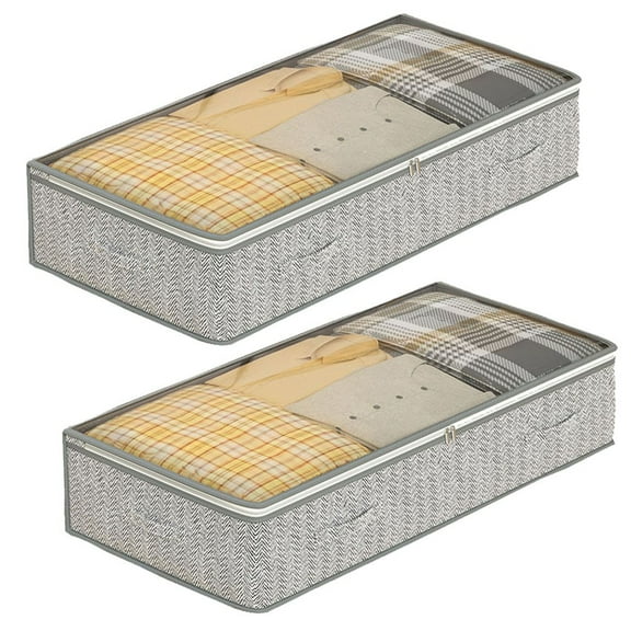 Underbed Fabric Storage Bags Organizer with 4 Handles, 2 Zippers and Large Clear Window, for Clothes, Blankets, Bedding, Foldable with Sturdy Structure, 2 Pack