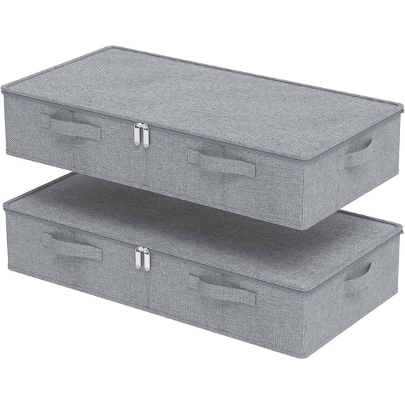 Underbed Storage Bin, Foldable Under Bed Flat Baskets Organizer, Container boxes with Lid for Organizing Clothes, Sheets, Blankets, Comforter, 31.4x15.7x5.9in, Grey, 2 Pack