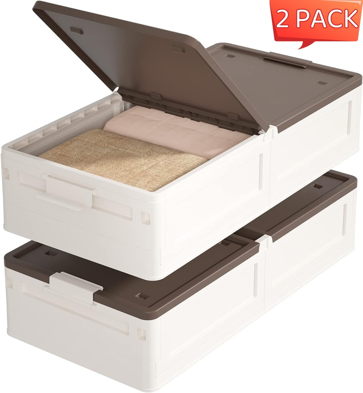 Underbed Storage Bins 57.5Qt/16.7Gal on Wheels, Plastic Stackable Underbed Storage Boxes W/Lids, Foldable Storage Closet Containers for Bedroom, Storage Bins for Clothes Shoes 2 Pack White