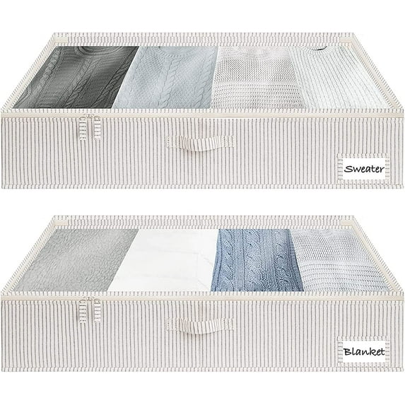 Underbed Storage Box with Clear Window and Sturdy Structure, Foldable Underbed Storage Bins for Clothes, Blankets and Shoes, Gray and White Stripes, Large, 2 Pack