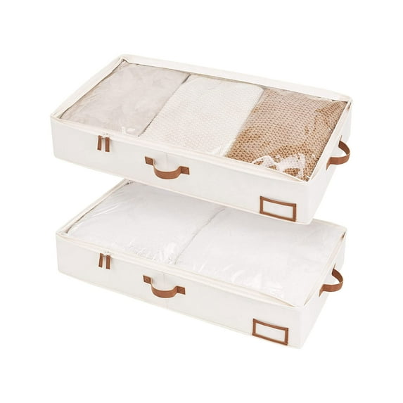 Underbed Storage Box, Under Bed Clothes Organizer With Sturdy Structure and Ultra Thick Fabric, Ivory White, Large, 2 pack