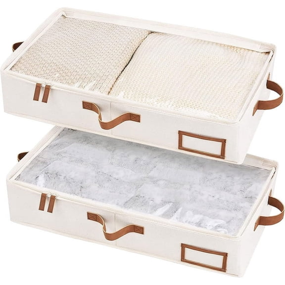 Underbed Storage Box With Zippers, Robust Construction & Ultra-Thick Fabric, Collapsible Closet Storage Bags, 23.5"x 12.5"x 5", Medium,Ivory White,2 PK