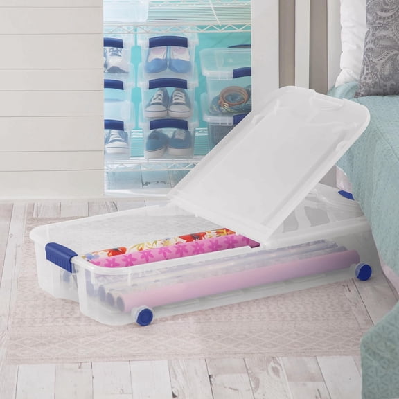 Underbed Storage Container with Wheels, Clear Plastic, 66 Quart, Split-Lid Design, BPA-Free, 39.5 x 20.25 x 7 Inches, 2 Pack