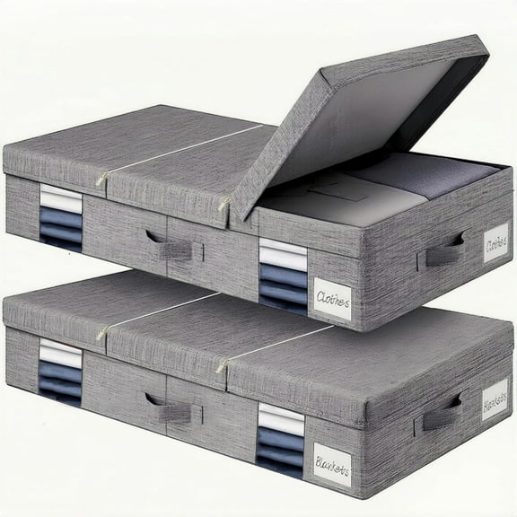 Underbed Storage Containers 2 Pack, Large Under Bed Storage Bins with Lids, Foldable Sturdy Under the Bed Storage Drawer for Organizing Clothes, Shoes, Blankets, Pillows-Grey