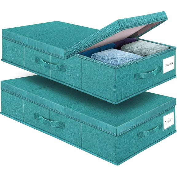 Underbed Storage Containers Bin with Lids (2pcs) Large Under Bed Storage Organizer Box with Handle, Foldable Under the Storage Bags for Organizing Clothes, Shoes, Blankets, Pillows-Cyan blue