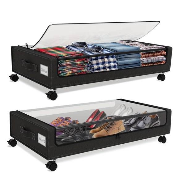 [Underbed Storage Organizer] 2Pack XXL 60L Under Bed Storage with Wheels | Clear Lid & Label, Large Rolling Containers for Shoes, Clothes, Blankets, Books