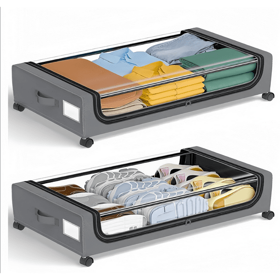 Underbed Storage Rolling Covered Storage Container with Wheels, Grey, 2-Pack