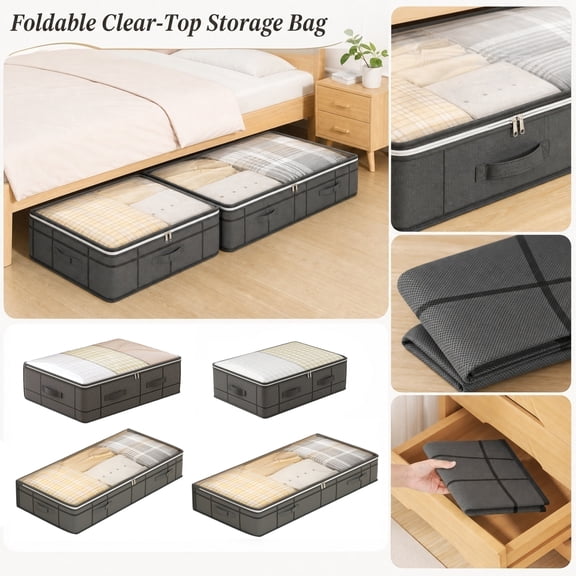 Underbed Storage,Visual Stackable Large Clear Foldable Storage Containers for Organizing,Durable Sturdy Clothing Storage Bags for Shoes,Comforter,Blanket,Clothes,Pillows(S-15.7*19.7*5.9")