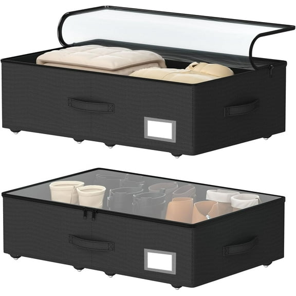 Underbed Storage Bins with Wheels, No Assembly Required - 7.5 inch height Black Large Capacity Rolling Underbed Containers for Shoes, Dorm under bed storage drawers