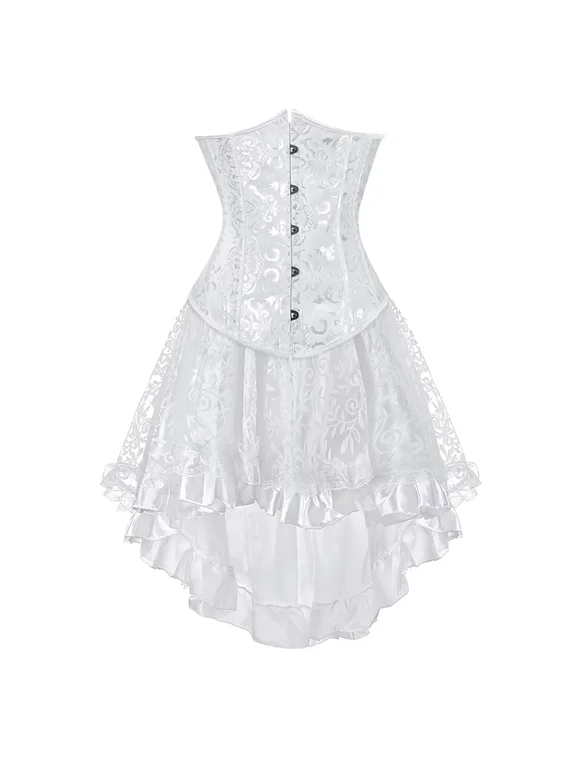 Underbust Corset Top 2 Pieces Set Plus Size Bustier Outfit Lingerie Lace up Gothic Women Bride Wedding White 6XL