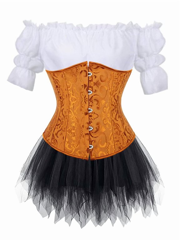 Underbust Corset Top with Shirt 3set Women Plus Size for Renaissance Medieval Pirate Cosplay Gold L