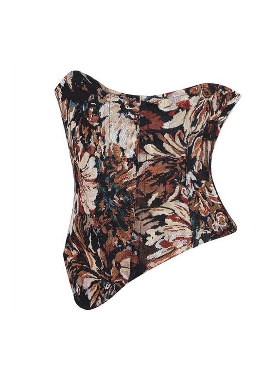 Underbust Corset for Women Floral Tapestry Print Vintage Oil Painting Lace Up Back Side Zipper Boned Corset Belt with Curved Hem for Dresses