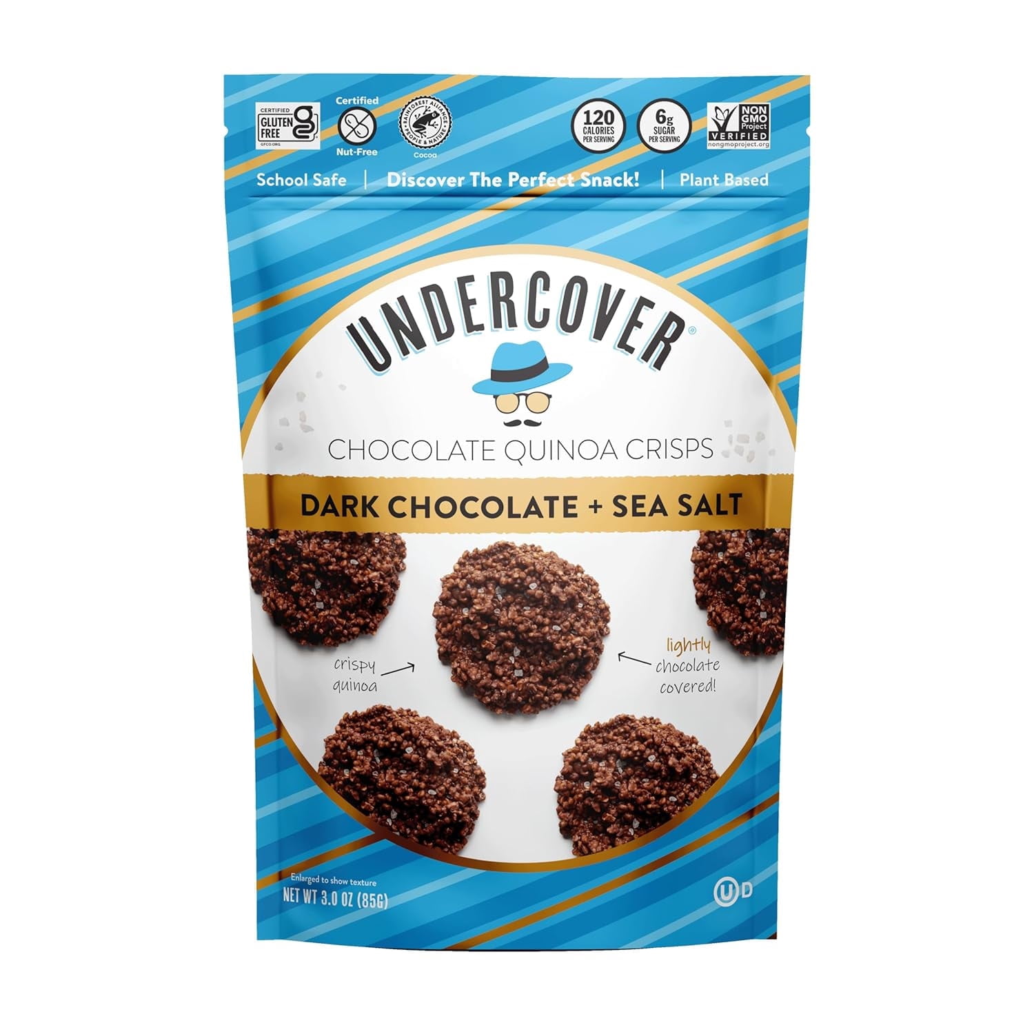 Undercover Snacks Chocolate Quinoa Crisps Gluten Free Non GMO Dark Chocolate + Sea Salt  3 oz  Pack of 3