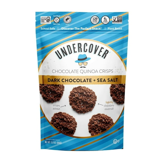 Undercover Snacks Chocolate Quinoa Crisps Gluten Free Non GMO Dark Chocolate + Sea Salt  3 oz  Pack of 3