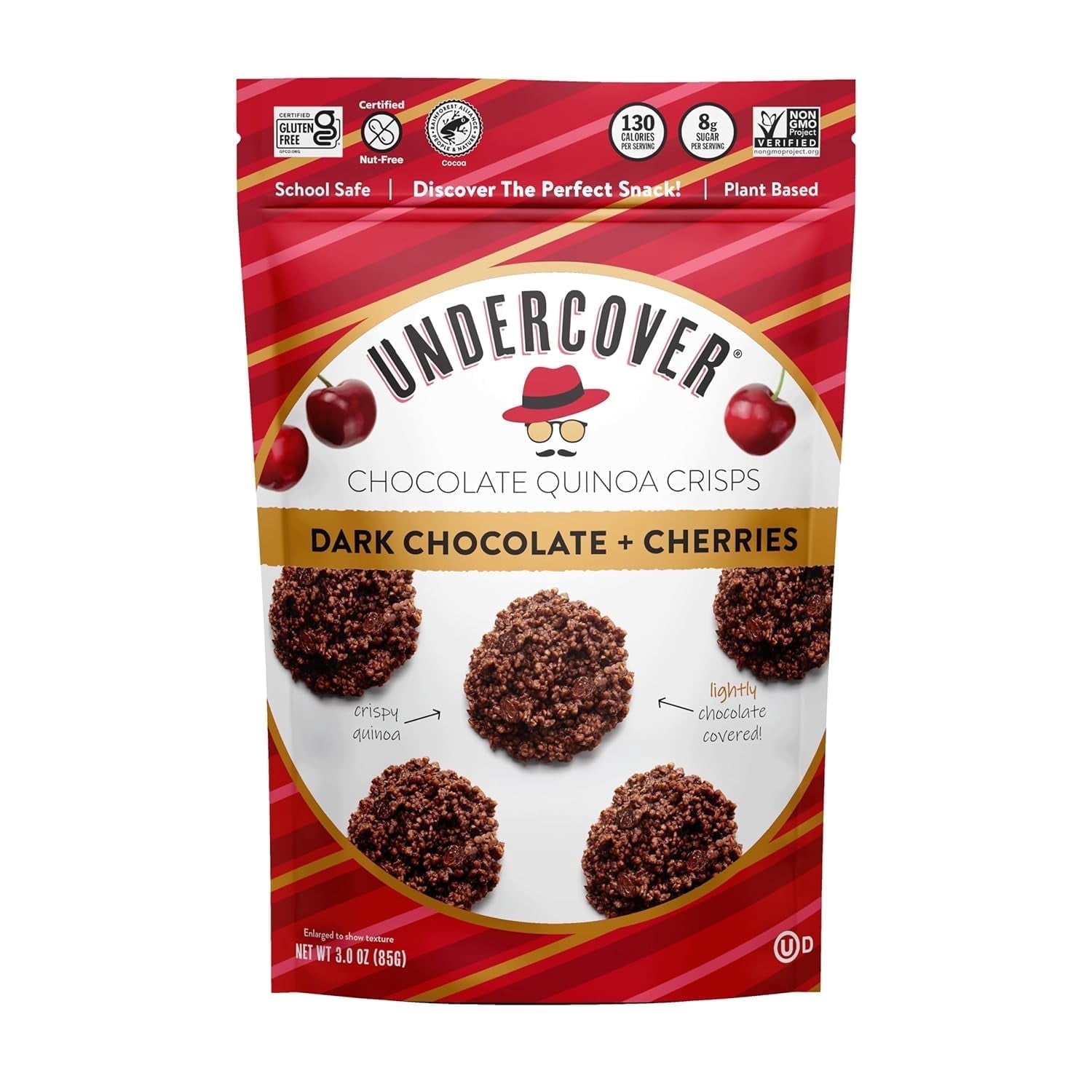 Undercover Snacks Chocolate Quinoa Crisps Gluten Free Non GMO Dark Chocolate + Cherries - 3 oz Pack of 4