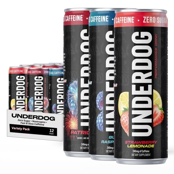 Underdog Performance Drink - Nootropics, Fast & Slow Release Caffeine, Zero Sugar, No Artificial Additives, & 5 Performance Ingredients - 12 Pack Variety
