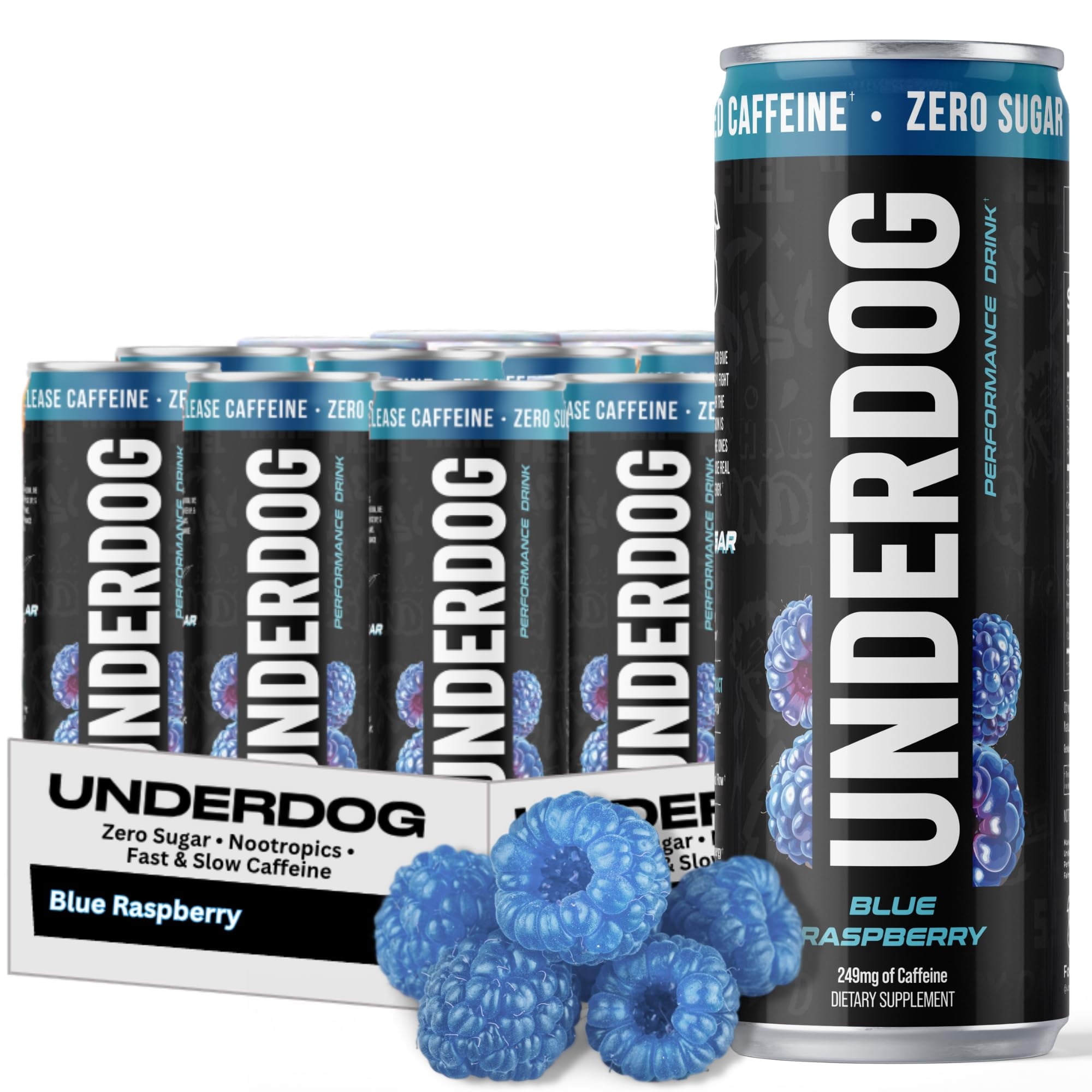 Tropics Raspberry Label Underdog Performance Energy Drink, Blue Raspberry, Nootropics, Green ...