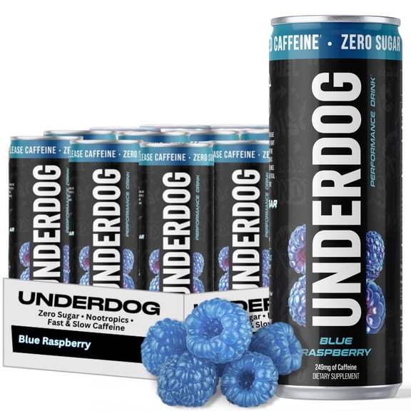 Underdog Performance Energy Drink, Blue Raspberry, Nootropics, Green Tea Extract, Citrulline, Clean, Sugar Free Fast & Slow Release 249mg Caffeine per Serving, No Artificial Additives, 12 Pack