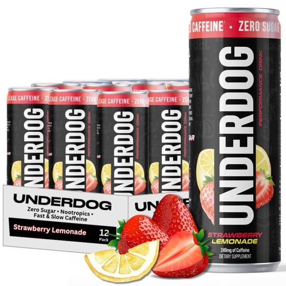 Underdog Performance Energy Drink, Strawberry Lemonade, Nootropics, Green Tea Extract, Citrulline, Clean, Sugar Free Fast & Slow Release 249mg Caffeine per Serving, No Artificial Additives, 12 Pack