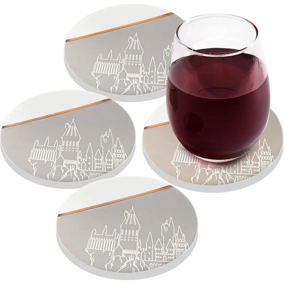 Underground Toys Harry Potter Hogwarts Coaster Set of 4 - Ceramic Coasters with Gold & Gray Hogwarts Castle Design - Perfect Decor for All - 4" Each